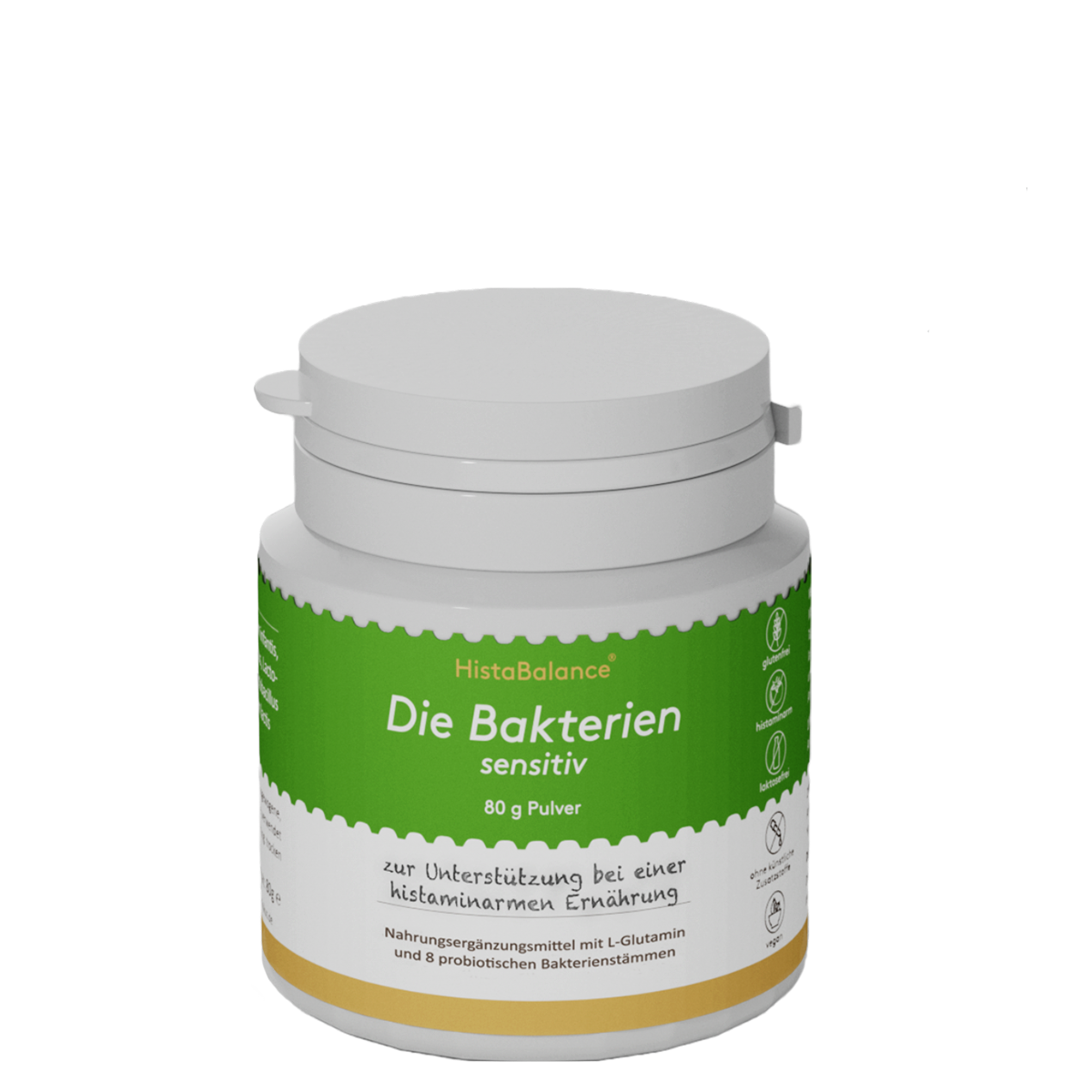 Dose „Die Bakterien sensitiv“ von HistaBalance® mit grünem Etikett. Enthält 80 g Pulver zur Unterstützung bei histaminarmer Ernährung, mit L-Glutamin und 8 probiotischen Bakterienstämmen.