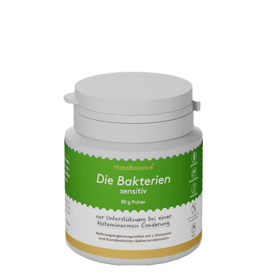 Dose „Die Bakterien sensitiv“ von HistaBalance® mit grünem Etikett. Enthält 80 g Pulver zur Unterstützung bei histaminarmer Ernährung, mit L-Glutamin und 8 probiotischen Bakterienstämmen.