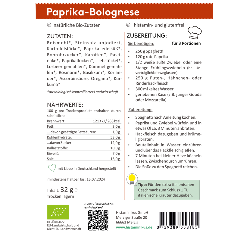 Grafik mit Zubereitungsanleitung für die „Paprika-Bolognese“. Links Zutatenliste und Nährwerte, rechts Zutaten für drei Portionen sowie die Schritt-für-Schritt-Zubereitung. Kennzeichnungen wie „natürliche Bio-Zutaten“ und „histamin- und glutenfrei“. Unten Bio- und EU-Zertifizierung.