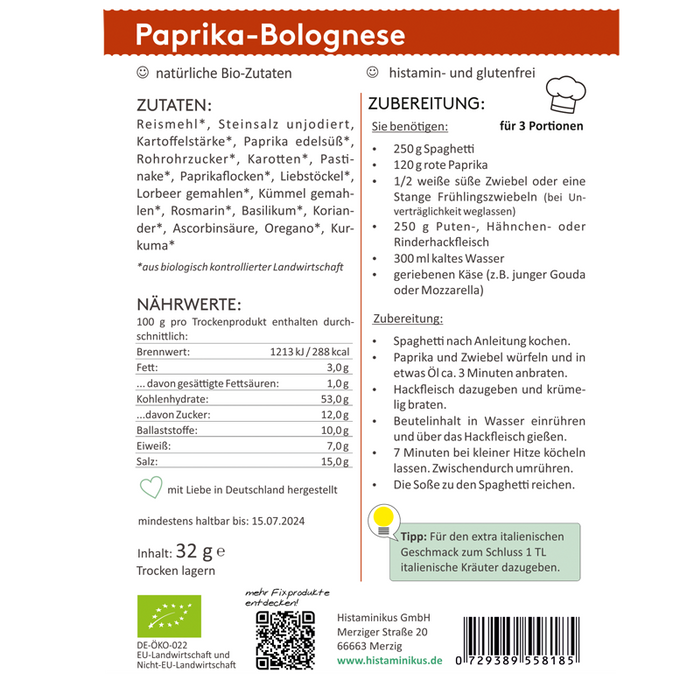 Grafik mit Zubereitungsanleitung für die „Paprika-Bolognese“. Links Zutatenliste und Nährwerte, rechts Zutaten für drei Portionen sowie die Schritt-für-Schritt-Zubereitung. Kennzeichnungen wie „natürliche Bio-Zutaten“ und „histamin- und glutenfrei“. Unten Bio- und EU-Zertifizierung.