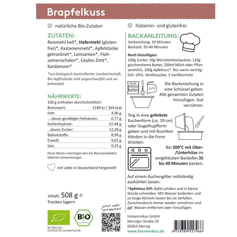 Etikett der Backmischung „Brapfelkuss“ mit Zutatenliste, Nährwerttabelle und Backanleitung. Zubereitung: Mischung mit Zucker, Butter, Milch und Apfelmus verrühren, in gefettete Form geben und bei 200 °C ca. 35–40 Min. backen. Icons, Mengenangaben und DIY-Apfelmus-Tipp ergänzen die Anleitung.