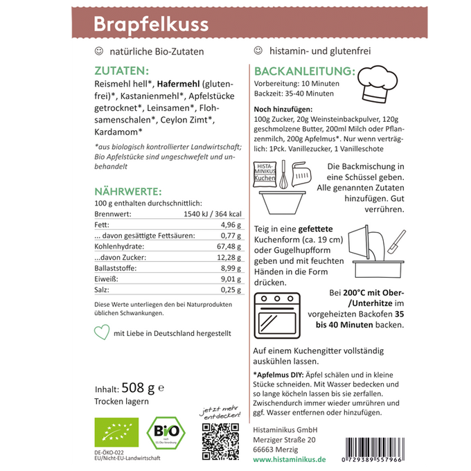 Etikett der Backmischung „Brapfelkuss“ mit Zutatenliste, Nährwerttabelle und Backanleitung. Zubereitung: Mischung mit Zucker, Butter, Milch und Apfelmus verrühren, in gefettete Form geben und bei 200 °C ca. 35–40 Min. backen. Icons, Mengenangaben und DIY-Apfelmus-Tipp ergänzen die Anleitung.
