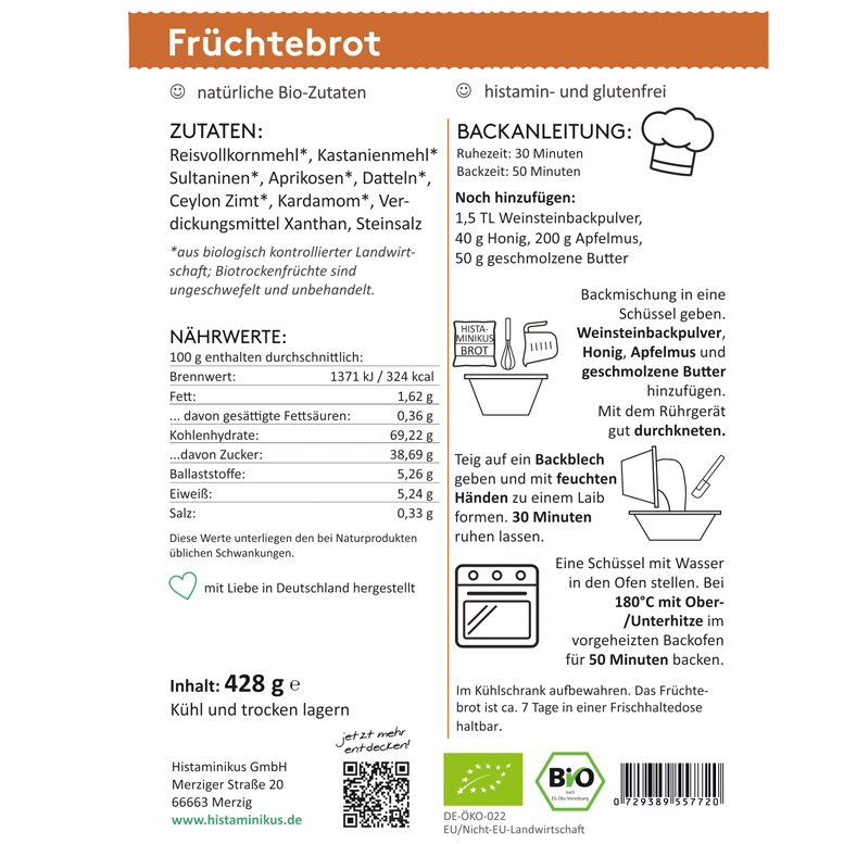 Grafik mit Zutaten- und Backanleitung für Früchtebrot. Links Zutatenliste wie Reismehl, Kastanienmehl, Datteln, Aprikosen, Sultaninen. Nährwerte je 100 g und Lagerhinweis. Rechts Anleitung mit Mengenangaben, Teigschritte und Backzeit bei 180 °C für 50 Minuten