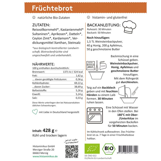 Grafik mit Zutaten- und Backanleitung für Früchtebrot. Links Zutatenliste wie Reismehl, Kastanienmehl, Datteln, Aprikosen, Sultaninen. Nährwerte je 100 g und Lagerhinweis. Rechts Anleitung mit Mengenangaben, Teigschritte und Backzeit bei 180 °C für 50 Minuten
