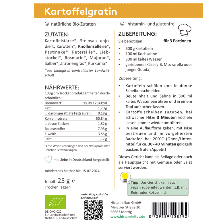 Etikett für HistaFix Kartoffelgratin von Histaminikus: Zutatenliste mit Bio-Gemüse wie Karotten, Sellerie, Pastinake und Kräutern, Nährwerte pro 100 g, Zubereitung für 3 Portionen mit Sahne und Käse, Tipps für vegane Variante, Bio- und Histaminarm-Siegel.