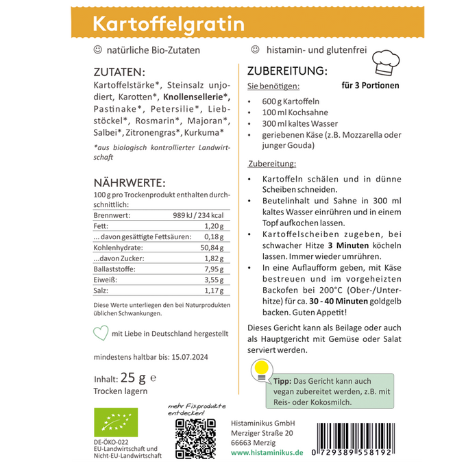 Etikett für HistaFix Kartoffelgratin von Histaminikus: Zutatenliste mit Bio-Gemüse wie Karotten, Sellerie, Pastinake und Kräutern, Nährwerte pro 100 g, Zubereitung für 3 Portionen mit Sahne und Käse, Tipps für vegane Variante, Bio- und Histaminarm-Siegel.