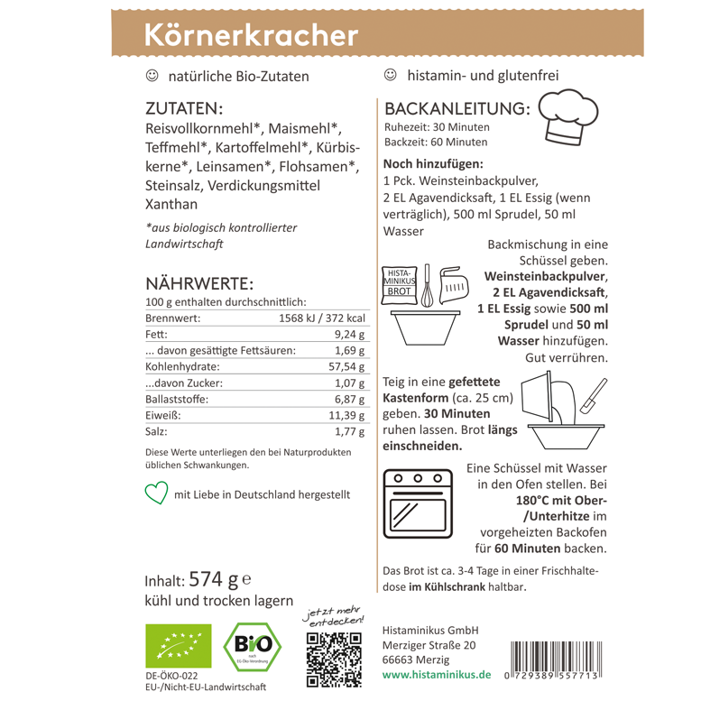 Grafik mit detaillierter Zubereitungsanleitung für die „Körnerkracher“ Bio-Brotbackmischung. Links Zutatenliste und Nährwerte, rechts Backanleitung mit Zutatenliste und bebilderten Schritten. Oben Hinweise wie „natürliche Bio-Zutaten“ und „histamin- und glutenfrei“, unten Bio-Logos und Herstellerinfos.