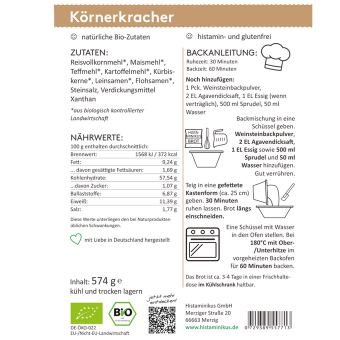 Grafik mit detaillierter Zubereitungsanleitung für die „Körnerkracher“ Bio-Brotbackmischung. Links Zutatenliste und Nährwerte, rechts Backanleitung mit Zutatenliste und bebilderten Schritten. Oben Hinweise wie „natürliche Bio-Zutaten“ und „histamin- und glutenfrei“, unten Bio-Logos und Herstellerinfos.
