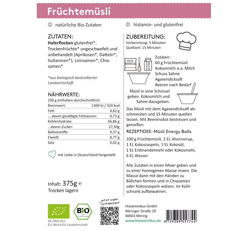 Grafik mit Zutaten- und Zubereitungsangaben für Früchtemüsli. Links Zutaten wie Haferflocken, Aprikosen, Datteln, Leinsamen. Nährwerte pro 100 g, Gesamtinhalt 375 g. Rechts Zubereitung mit Kokosmilch und Beeren, plus Rezeptidee für Energy Balls.