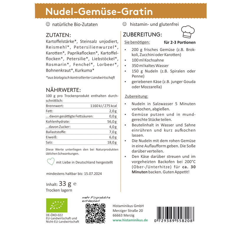 Etikett der Sorte „Nudel-Gemüse-Gratin“ von Histaminikus mit Zutatenliste aus natürlichen Bio-Zutaten wie Reismehl, Petersilienwurzel und Paprikaflocken, sowie Zubereitungsempfehlung für 2–3 Portionen mit frischem Gemüse, Penne und Käse; inklusive Nährwertangaben pro 100 g.
