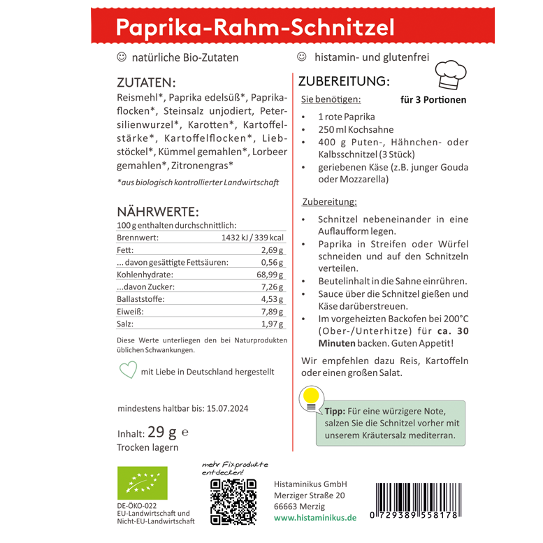 Etikett der HistaFix-Mischung „Paprika-Rahm-Schnitzel“ mit Zutatenliste, Nährwertangaben und Zubereitungsempfehlung für drei Portionen, inklusive Tipp für eine würzigere Note mit „Kräutersalz mediterran“, grünem Bio-Siegel und Histaminikus-Logo am unteren Rand.