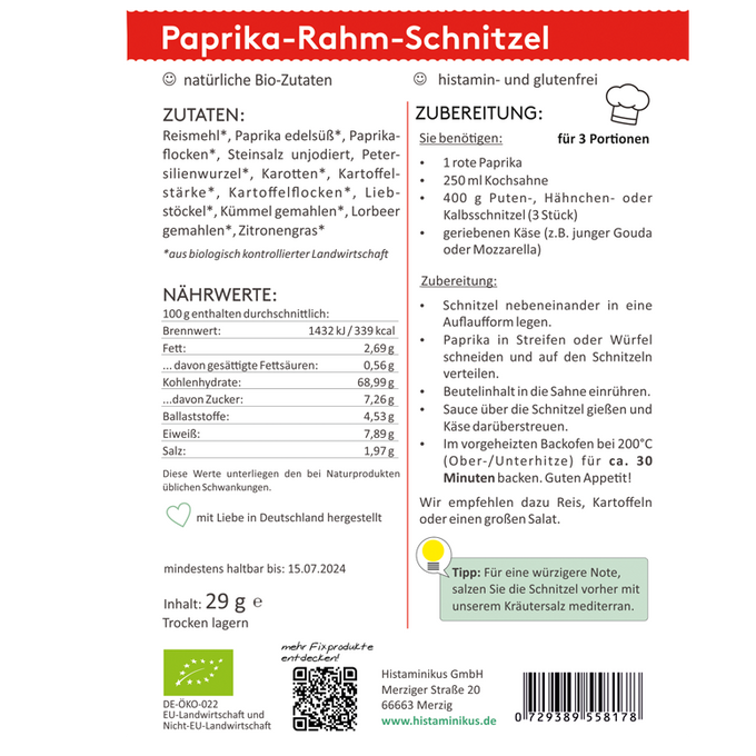 Etikett der HistaFix-Mischung „Paprika-Rahm-Schnitzel“ mit Zutatenliste, Nährwertangaben und Zubereitungsempfehlung für drei Portionen, inklusive Tipp für eine würzigere Note mit „Kräutersalz mediterran“, grünem Bio-Siegel und Histaminikus-Logo am unteren Rand.