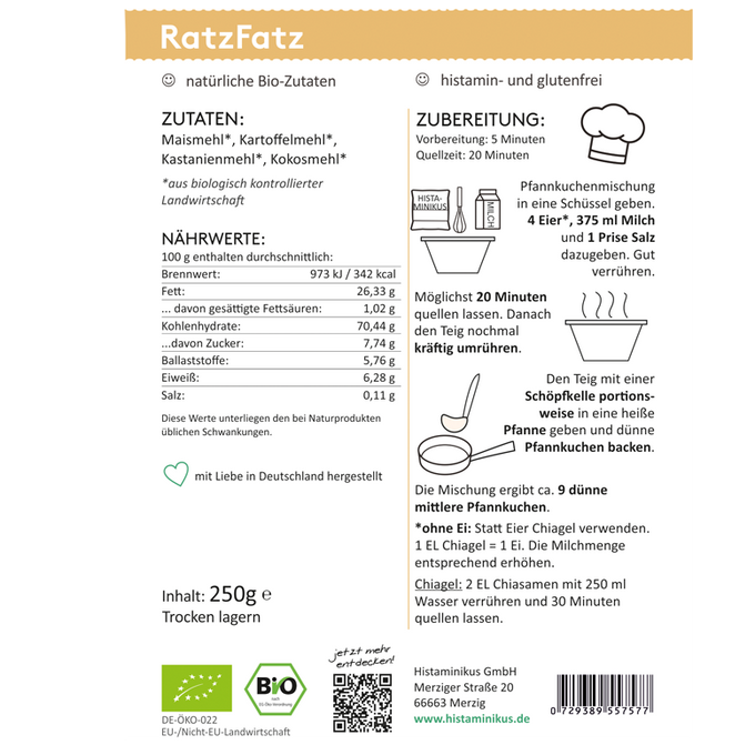 Grafik mit Zubereitungsanleitung für die „RatzFatz“ Bio-Pfannkuchenmischung. Links Zutatenliste und Nährwerte pro 100 g, rechts die Schritt-für-Schritt-Anleitung mit Zutatenmengen für die Teigzubereitung mit oder ohne Ei. Darüber Hinweise wie „natürliche Bio-Zutaten“ und „histamin- und glutenfrei“. Unten Logos für Bio-Zertifizierung, Herkunft sowie Herstellerdaten.