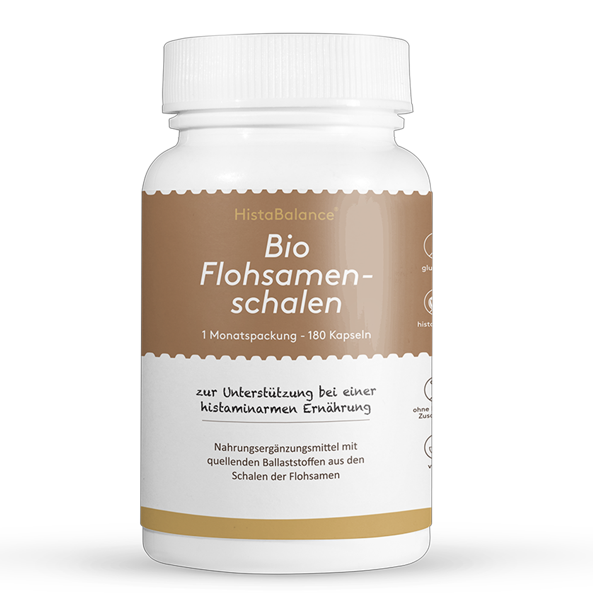 Weiße Kunststoffdose mit braunem Etikett. Aufschrift: „Bio Flohsamenschalen – 1 Monatspackung, 180 Kapseln“. Hinweis auf histaminarme Ernährung und Ballaststoffe.
