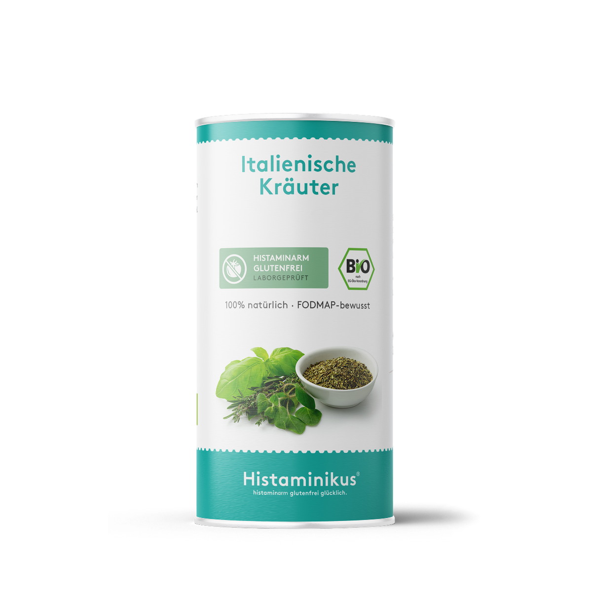 Weiße Gewürzdose mit weißen Label mit der Aufschrift „Italienische Kräuter“. Darunter türkisgrüne Label mit „histaminarm, glutenfrei, laborgeprüft“ und Bio-Siegel. Auf der Vorderseite eine kleine Schale mit getrockneten Kräutern, daneben frische Kräuter wie Basilikum, Oregano und Rosmarin.