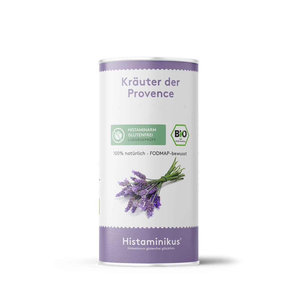 Abbildung einer Gewürzdose mit der Aufschrift „Kräuter der Provence“. Darunter Bio-Siegel sowie Hinweise wie „histaminarm“, „glutenfrei“, „100 % natürlich“ und „FODMAP-bewusst“. Auf dem Etikett ist ein Strauß frischer Lavendelzweige abgebildet. Die Dose ist in Weiß und Violett gestaltet, unten mit dem Logo von Histaminikus.