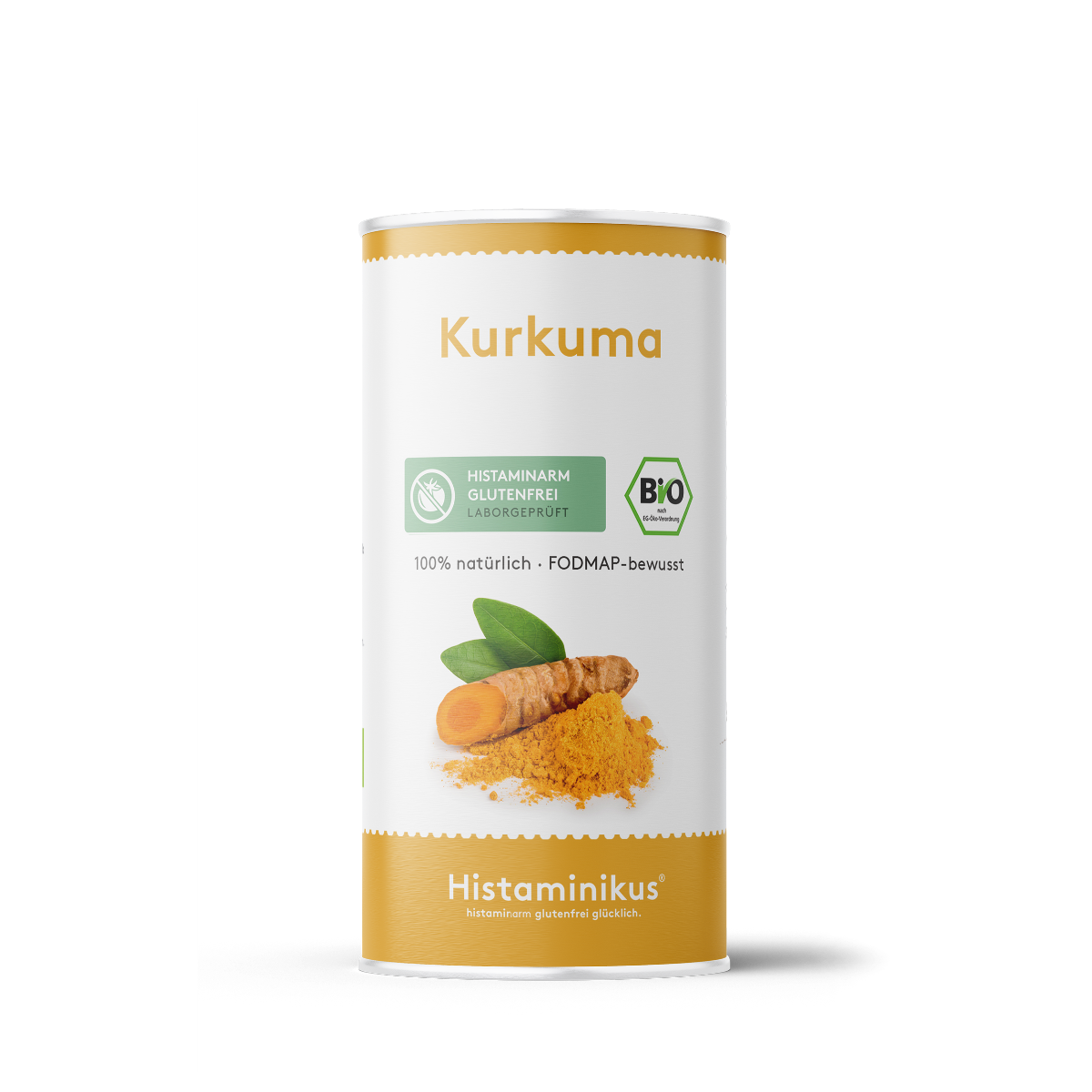 Weiße Dose mit gelber Schrift „Kurkuma“ und grüner BIO-Kennzeichnung. Darunter ein Foto mit frischer Kurkumawurzel, grünen Blättern und Kurkumapulver. Aufdruck: „100 % natürlich · FODMAP-bewusst“. Unten goldgelber Streifen mit „Histaminikus – histaminfrei glutenfrei glücklich“.