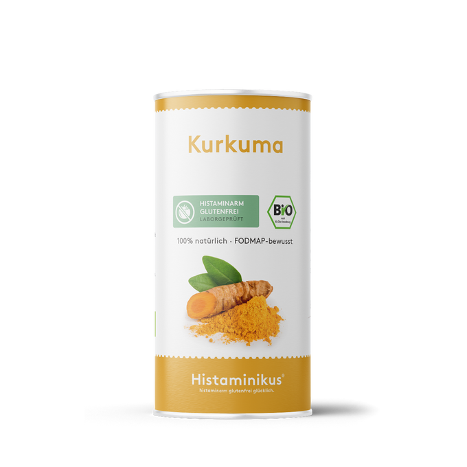 Weiße Dose mit gelber Schrift „Kurkuma“ und grüner BIO-Kennzeichnung. Darunter ein Foto mit frischer Kurkumawurzel, grünen Blättern und Kurkumapulver. Aufdruck: „100 % natürlich · FODMAP-bewusst“. Unten goldgelber Streifen mit „Histaminikus – histaminfrei glutenfrei glücklich“.