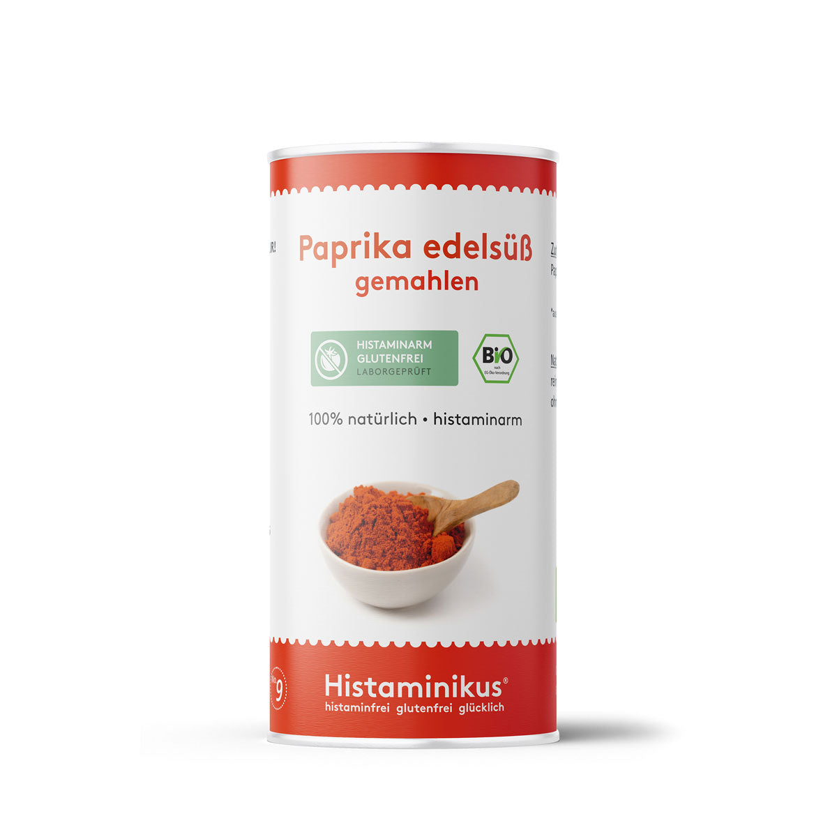Paprikapulver in edelsüßer Variante von Histaminikus in einer weißen Dose mit rotem Deckel.
Aufschrift: „Paprika edelsüß gemahlen“
Mit BIO-Siegel und Hinweis „histaminarm, glutenfrei, laborgeprüft“
100 % natürlich, histaminarm
Darunter ein weißes Schälchen mit Paprikapulver und Holzlöffel
Marke: Histaminikus – histaminfrei glutenfrei glücklich