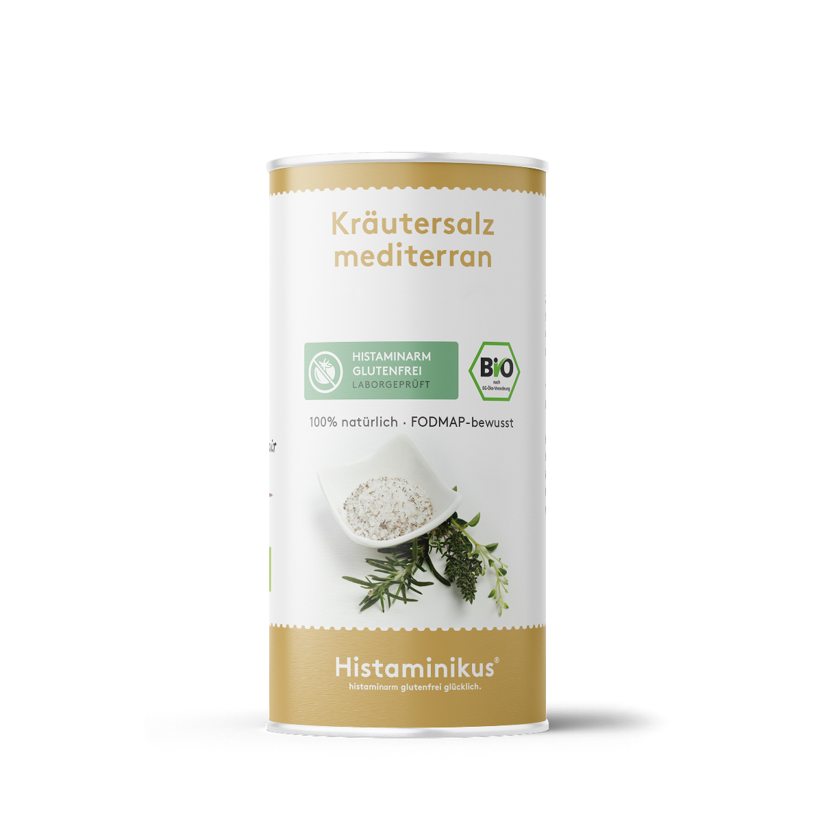 Weiße Gewürzdose mit goldenem Deckelrand und der Aufschrift „Kräutersalz mediterran“. Darunter ein Etikett mit den Aufschriften „Histaminarm glutenfrei – Laborgeprüft“ und „Bio“. In der Mitte ein Bild mit Schälchen voll Kräutersalz, darunter frische mediterrane Kräuter. Unten goldener Bereich mit dem Logo von Histaminikus.
