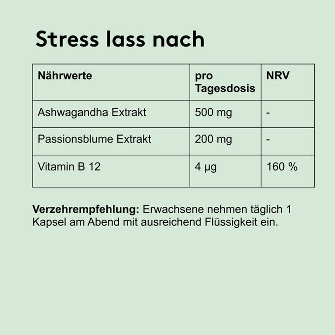 Grafik mit Nährwerttabelle zum Produkt „Stress lass nach“. Enthaltene Wirkstoffe pro Tagesdosis: 500 mg Ashwagandha-Extrakt, 200 mg Passionsblumen-Extrakt und 4 µg Vitamin B12 (160 % des NRV). Darunter die Verzehrempfehlung: „Erwachsene nehmen täglich 1 Kapsel am Abend mit ausreichend Flüssigkeit ein.“