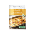 HistaFix-Beutel „Kartoffelgratin“ von Histaminikus, mit appetitlich überbackenem Gratin auf der Vorderseite, gelb-weißes Verpackungsdesign mit Bio-Siegel und Hinweis „histaminarm, glutenfrei, laborgeprüft“.
