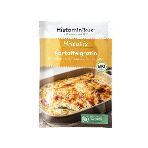 HistaFix-Beutel „Kartoffelgratin“ von Histaminikus, mit appetitlich überbackenem Gratin auf der Vorderseite, gelb-weißes Verpackungsdesign mit Bio-Siegel und Hinweis „histaminarm, glutenfrei, laborgeprüft“.