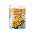 HistaFix-Beutel „Nudel-Gemüse-Gratin“ von Histaminikus mit einem überbackenen Gratin aus Penne und Brokkoli auf der Vorderseite, braun-weißes Verpackungsdesign mit Bio-Siegel und Hinweis „histaminarm, glutenfrei, laborgeprüft“.