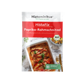 HistaFix-Beutel „Paprika-Rahmschnitzel“ von Histaminikus mit appetitlicher Abbildung eines überbackenen Hähnchengerichts in cremiger Paprikarahmsoße, roter Verpackung mit Bio-Siegel und Hinweis „histaminarm, glutenfrei, laborgeprüft“.