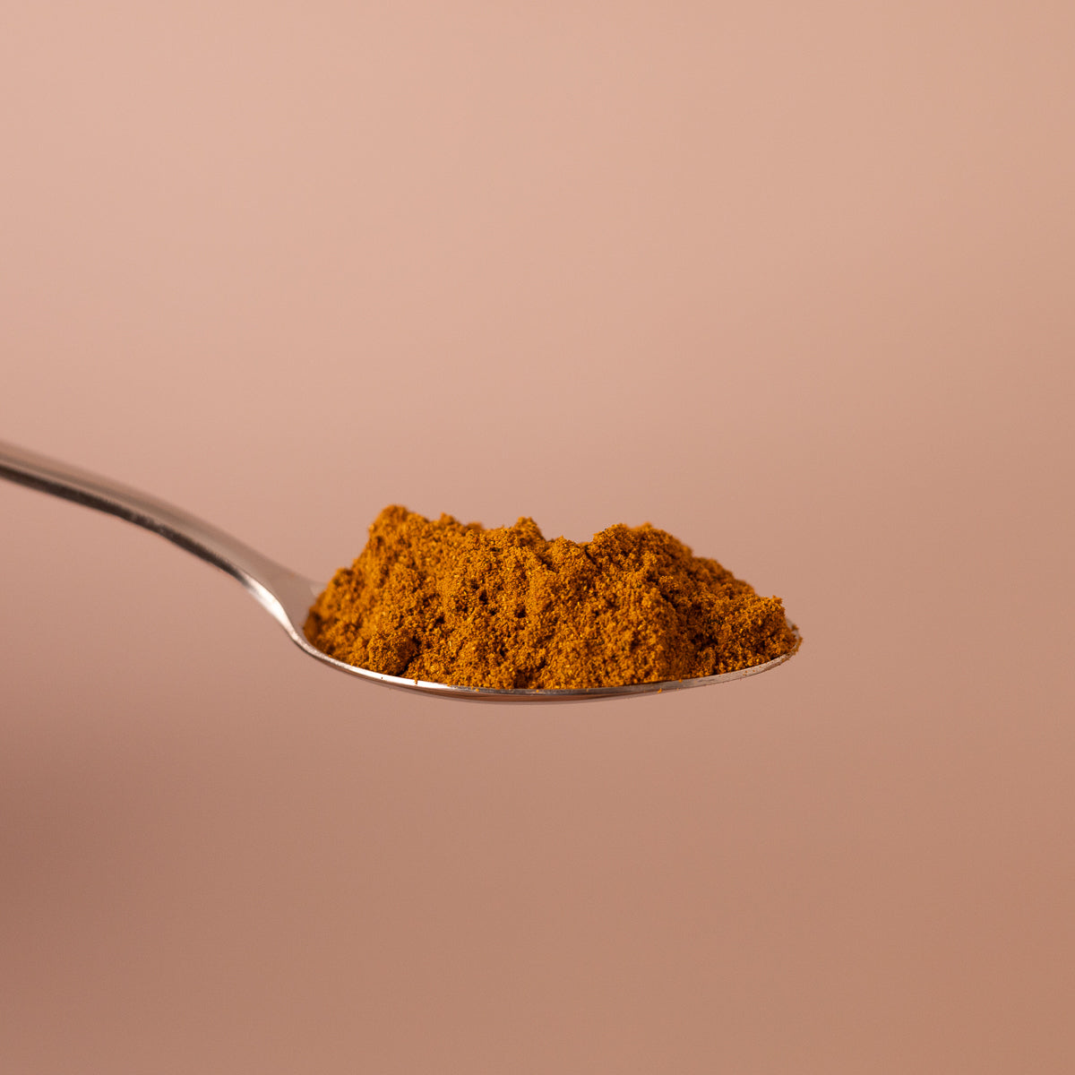 Esslöffel mit eine kleinen Menge Garam Masala. Das Pulver ist kräftig dunkelorange.