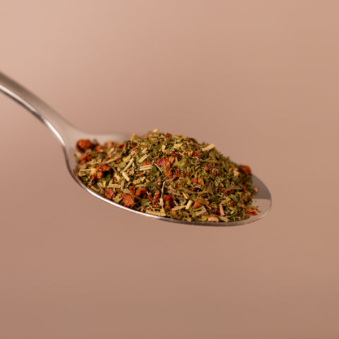 Löffel mit grobem Pastagewürz aus getrockneten Kräutern und roten Gewürzstückchen vor hellem Hintergrund.