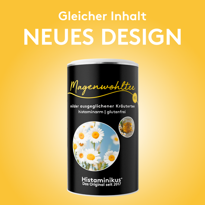 Schwarze Dose Magenwohltee auf gelbem Verlaufshintergrund, darüber weiße Schrift „Gleicher Inhalt NEUES DESIGN“.