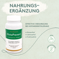 Grafik mit weißer Kapseldose „HistaPrevent“ mit grünem Etikett. Text: „bei erhöhtem Bedarf an Vitamin B6, C und Zink“. Links oben Titel „Nahrungsergänzung“, rechts Stichpunkte: glutenfrei, laktosefrei, fruktosefrei. Unten zwei grüne Icons: vegan und ohne Zusatzstoffe.