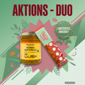 Grafik mit der Überschrift „AKTIONS-DUO“. Im Mittelpunkt sind ein Glas Histaminikus Kürbis-Aufstrich und ein Frecher Apfel Fruchtriegel als Aktions-Set dargestellt. Daneben befindet sich ein Siegel mit der Aufschrift „Limitiertes Angebot!“. Der Hintergrund ist in Grün- und Rosatönen gestaltet und mit herbstlichen Illustrationen wie Blättern, Kürbissen und Apfelmotiven dekoriert.