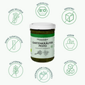 Grafik mit Glas des Gartenkräuterpesto in der Mitte. Drumherum sieht man Icons mit Vorteilen des Pestos wie: histaminarm laborgeprüft, ohne Zusatzstoffe, vegan, ohne Sellerie,  fruktosearm, hefefrei, glutenfrei und Bioqualität