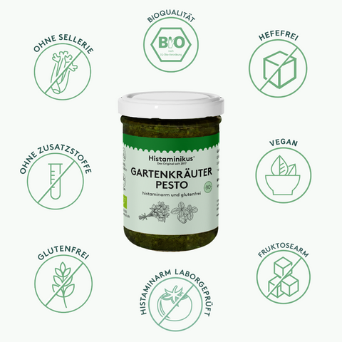 Grafik mit Glas des Gartenkräuterpesto in der Mitte. Drumherum sieht man Icons mit Vorteilen des Pestos wie: histaminarm laborgeprüft, ohne Zusatzstoffe, vegan, ohne Sellerie,  fruktosearm, hefefrei, glutenfrei und Bioqualität