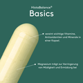 Infografik zu HistaBalance Basics mit einer vergrößerten gelblichen Kapsel vor grünem Hintergrund. Die Grafik beschreibt die Kombination aus Vitaminen, Antioxidantien und Mineralstoffen und weist darauf hin, dass Magnesium zur Verringerung von Müdigkeit und Ermüdung beiträgt.