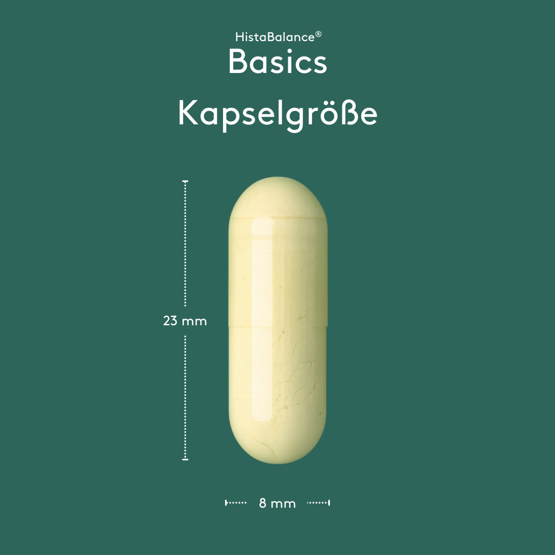 Grafische Darstellung „HistaBalance® Basics Kapselgröße“ auf grünem Hintergrund. Eine einzelne Kapsel ist mittig abgebildet, mit Maßangaben von 23 mm Höhe und 8 mm Breite.