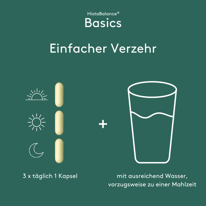 Infografik „HistaBalance® Basics Einfacher Verzehr“ auf grünem Hintergrund. Drei Kapseln sind neben Symbolen für Morgen, Mittag und Abend dargestellt. Daneben ein Glas Wasser. Textangabe: dreimal täglich eine Kapsel mit ausreichend Wasser, vorzugsweise zu einer Mahlzeit.