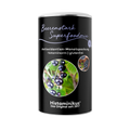 Produktbild des Beerenstark Superfoodmix von Histaminikus in schwarzer Dose mit Aufschrift „Antioxidantien-Monatspackung, histaminarm, glutenfrei“ und Detailfoto von schwarzen Johannisbeeren.