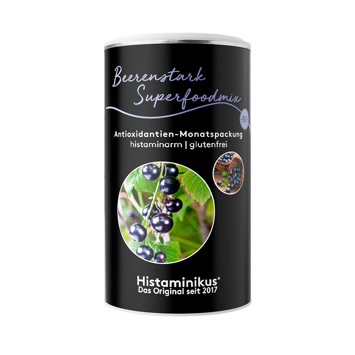 Produktbild des Beerenstark Superfoodmix von Histaminikus in schwarzer Dose mit Aufschrift „Antioxidantien-Monatspackung, histaminarm, glutenfrei“ und Detailfoto von schwarzen Johannisbeeren.