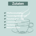 Grüne Grafik mit der Überschrift „Zutaten“. Aufgelistet sind:
– Pfefferminzblätter
– Tausendgüldenkraut
– Fenchel grün, süß
– Löwenzahnkraut
– Kardamom
– Melissenblätter
Links daneben je ein Blattsymbol, im Hintergrund eine gezeichnete Teetasse mit aufsteigendem Dampf.