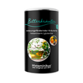 Schwarze Teedose mit mintgrüner Schrift „Bitterkräuter“. Darunter: „verdauungsfördernder Kräutertee – histaminarm | glutenfrei“. Mit Fotos von Tee und Löwenzahn.