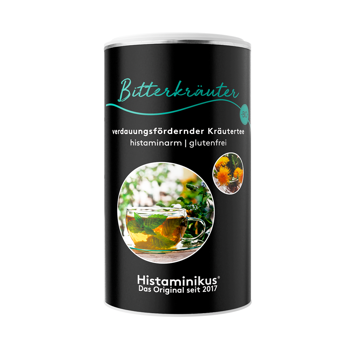 Schwarze Teedose mit mintgrüner Schrift „Bitterkräuter“. Darunter: „verdauungsfördernder Kräutertee – histaminarm | glutenfrei“. Mit Fotos von Tee und Löwenzahn.
