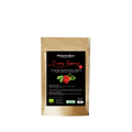 Braune Standbodenverpackung mit schwarzem Etikett. Produktname „Crispy Topping – knuspriges Paprika-Kräuter Topping“. Abbildung einer Paprika mit Kräutern, Hinweis: histaminarm, glutenfrei, Bio.
