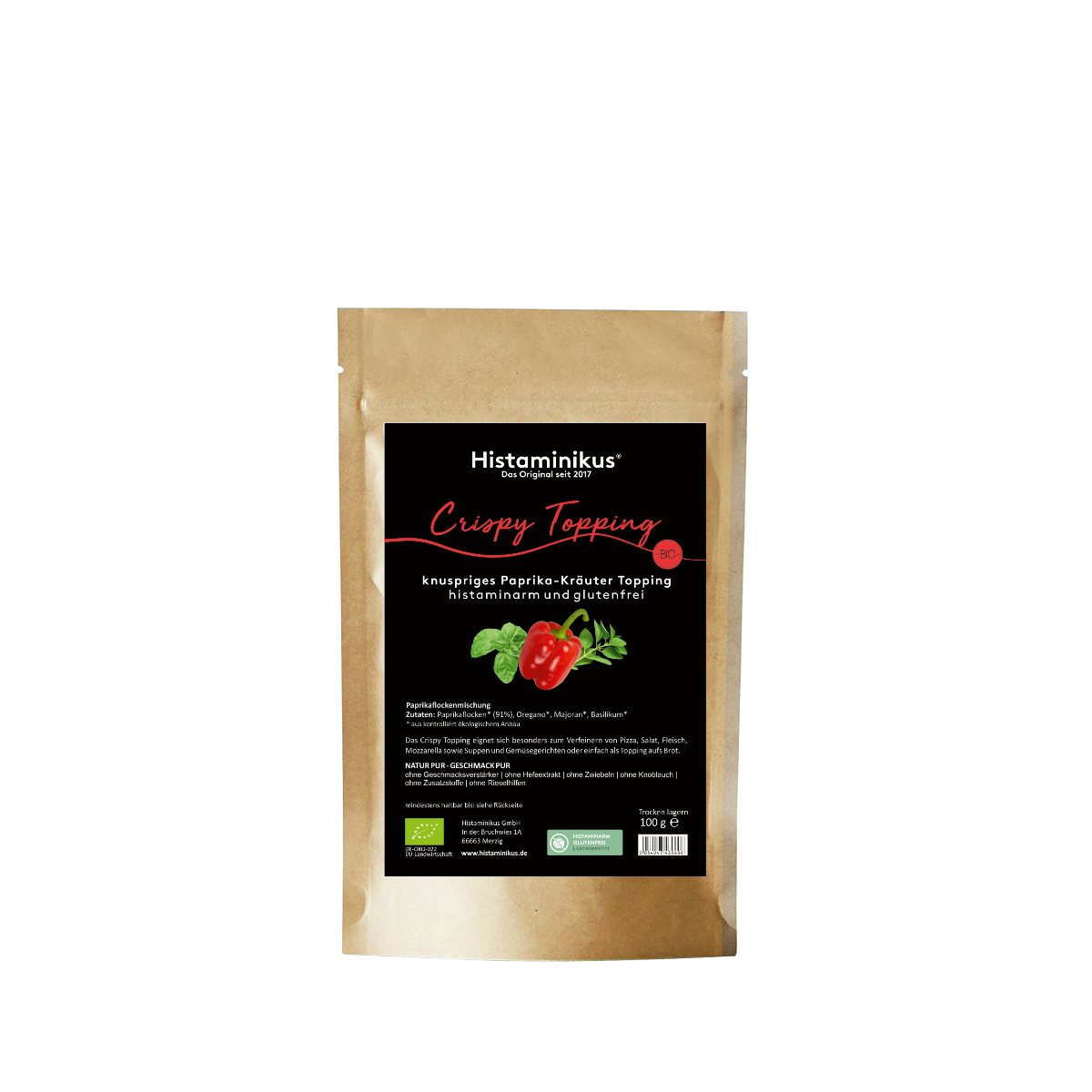 Braune Standbodenverpackung mit schwarzem Etikett. Produktname „Crispy Topping – knuspriges Paprika-Kräuter Topping“. Abbildung einer Paprika mit Kräutern, Hinweis: histaminarm, glutenfrei, Bio.