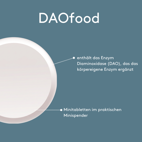 „DAOfood Minitabletten mit dem Enzym Diaminoxidase (DAO) im praktischen Minispender.“