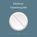 Grafische Darstellung „DAOfood Tablettengröße“ auf blau-grauem Hintergrund. Eine einzelne runde Tablette ist mittig abgebildet, mit Maßangabe von 5 mm Durchmesser.