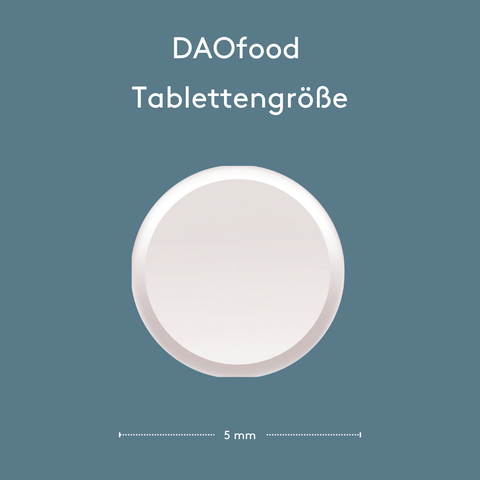 Größendarstellung einer DAOfood Minitablette mit einem Durchmesser von 5 mm.