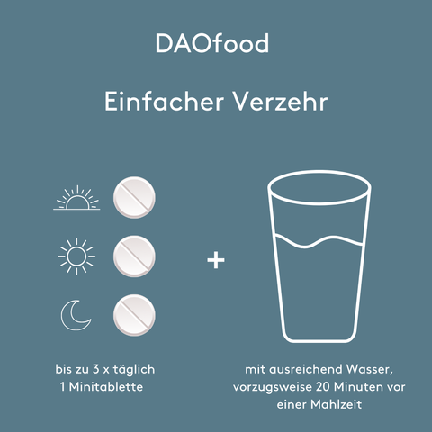Infografik „DAOfood Einfacher Verzehr“ auf blau-grauem Hintergrund. Drei Tabletten sind neben Symbolen für Morgen, Tag und Abend dargestellt, ergänzt durch ein Glas Wasser. Textangabe: bis zu dreimal täglich eine Minitablette mit ausreichend Wasser, vorzugsweise 20 Minuten vor einer Mahlzeit.